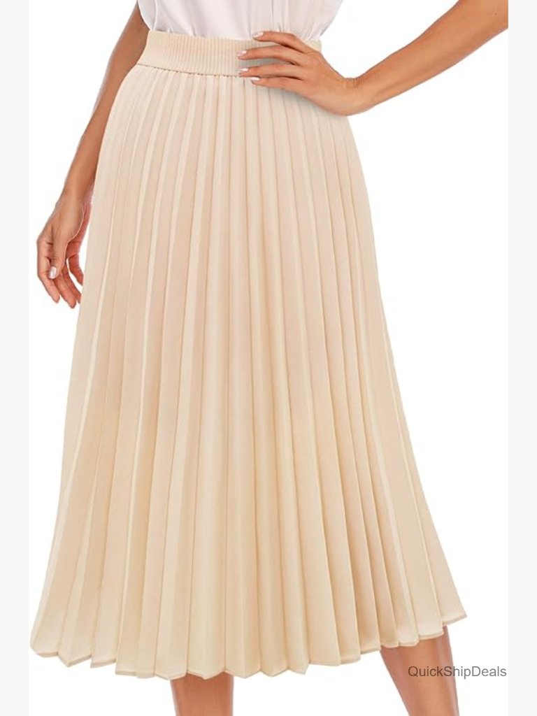 Pleated Midi Skirt With Elastic Waist Chiffon A-Line Long Flowy Skirt
